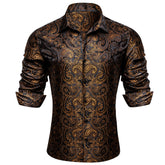 Gold Casual Shirt for Men Paisley Long Sleeve Button Down Shirt