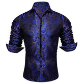 Mens Paisley Dress Shirt Navy Blue 70s Disco Long Sleeve Button Down Shirt