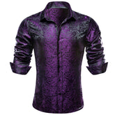 Mens Purple Dress Shirt Paisley Silk Long Sleeve Button Down Shirt