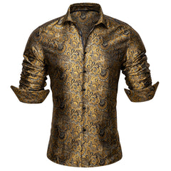 Mens Gold Dress Shirt Paisley Silk Long Sleeve Button Down Shirt