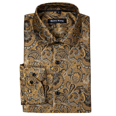 Mens Gold Dress Shirt Paisley Silk Long Sleeve Button Down Shirt