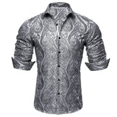 Silver Button Down Shirt Floral Casual Long Sleeve Western Shirts for Party