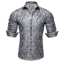 Silver Button Down Shirt Floral Casual Long Sleeve Western Shirts for Party