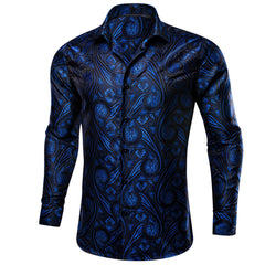 Mens Western Shirt Black Navy Blue Paisley Long Sleeve Button Down Dress Shirt