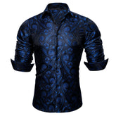 Mens Western Shirt Black Navy Blue Paisley Long Sleeve Button Down Dress Shirt