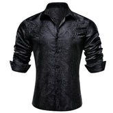 Mens Paisley Casual Shirt Black Silk Long Sleeve Button Down Shirt for Party