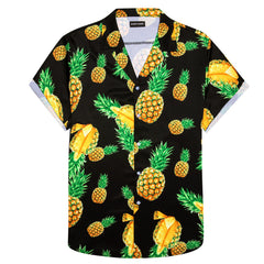 Men's Black Pineapple Floral Pattern Short Sleeves Summer Hawaii Shirt
