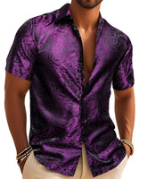 Mens Purple Dress Shirt Paisley Silk Short Sleeve Button Down Shirt
