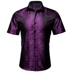 Mens Purple Dress Shirt Paisley Silk Short Sleeve Button Down Shirt
