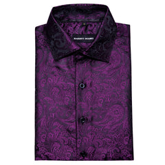 Mens Purple Dress Shirt Paisley Silk Short Sleeve Button Down Shirt