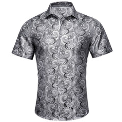 Silver Silk Paisley Tribal Short Sleeve Daily Slim Fit Men's Shirt