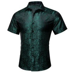 Green Shirt Silk Paisley Short Sleeve Slim Fit Men's Shirt