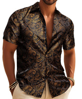 Gold Casual Shirt for Men Paisley Short Sleeve Button Down Shirt