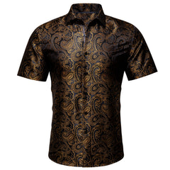 Gold Casual Shirt for Men Paisley Short Sleeve Button Down Shirt