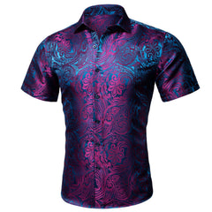 Mens Purple Dress Shirt 70s Disco Paisley Shirt Button Down Shirt Sleeve Tops