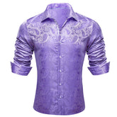 Mens Lavender Dress Shirt Paisley Silk Long Sleeve Button Down Formal Shirts