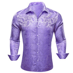 Mens Lavender Dress Shirt Paisley Silk Long Sleeve Button Down Formal Shirts