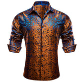 Copper Paisley Button Down Shirt Casual Silk Long Sleeve Dress Shirt