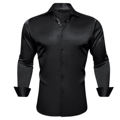 Black Satin Mens Dress Shirts Long Sleeve Solid Formal Shirt