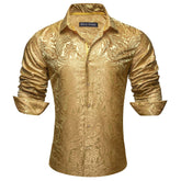 Mens Gold Dress Shirt Paisley Silk Long Sleeve Button Down Formal Shirts