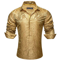 Mens Gold Dress Shirt Paisley Silk Long Sleeve Button Down Formal Shirts