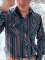 Men's Western Blue Striped Long Sleeve Shirt