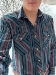 Men's Western Blue Striped Long Sleeve Shirt