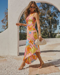 Printed One Shoulder Asymmetrical Maxi Dress - Pink Floral