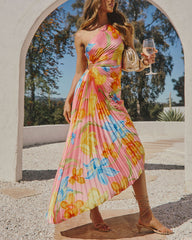 Printed One Shoulder Asymmetrical Maxi Dress - Pink Floral