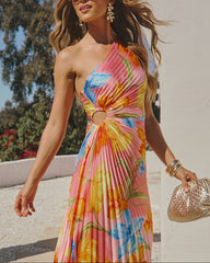 Printed One Shoulder Asymmetrical Maxi Dress - Pink Floral