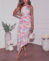 Printed One Shoulder Asymmetrical Maxi Dress - Pink Multi