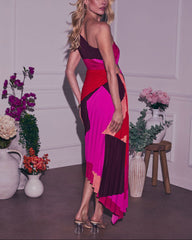 Printed One Shoulder Asymmetrical Maxi Dress - Sunset Cosmo