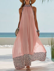 Pink Chiffon Halter Neck Patchwork Black And White Polka Dot Maxi Dress
