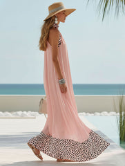 Pink Chiffon Halter Neck Patchwork Black And White Polka Dot Maxi Dress
