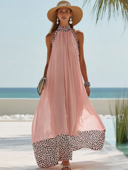 Pink Chiffon Halter Neck Patchwork Black And White Polka Dot Maxi Dress
