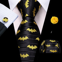 Purple Bat Necktie Mens Black Tie Hanky Cufflinks Set with Lapel Pin Gift Box