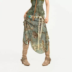 Forest Elf Printed Sling Vest Two-Piece Set Irregular Skirt Vintage Set