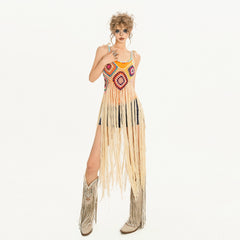 Layered Knit Tassel Blouse & Ethnic Print Maxi Skirt | Women's Bohemian Outfit