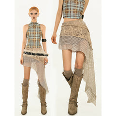 Edgy Lace Spliced Mini Skirt | Raw-Hem Asymmetrical Short Skirt