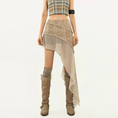Edgy Lace Spliced Mini Skirt | Raw-Hem Asymmetrical Short Skirt