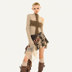 Tear-Out Hollow Off-Shoulder Sweater Fishnet Top