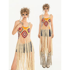 Layered Knit Tassel Blouse & Ethnic Print Maxi Skirt | Women's Bohemian Outfit