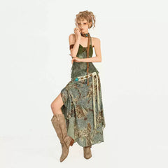 Forest Elf Printed Sling Vest Two-Piece Set Irregular Skirt Vintage Set