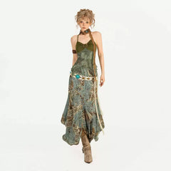Forest Elf Printed Sling Vest Two-Piece Set Irregular Skirt Vintage Set