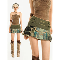 Maillard Retro Denim Random Pattern Skirt Y2K Millennium Pleated Skirt