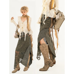 Distressed Lace Panels & Raw Hem Detail | Y2K Punk Revival Mini Skirt