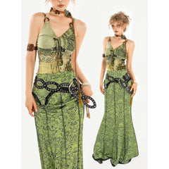 Bohemian Green Botanical Print Bustier Top & Bodycon Mini Skirt Set
