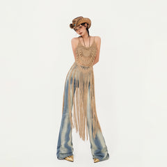 Tassel Trim Crochet Bralette & High-Slit Suspender Dress