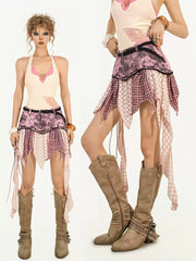 Raw-Hem Asymmetrical Cut-Out Short Skirt | American Streetwear Style