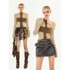 Tear-Out Hollow Off-Shoulder Sweater Fishnet Top